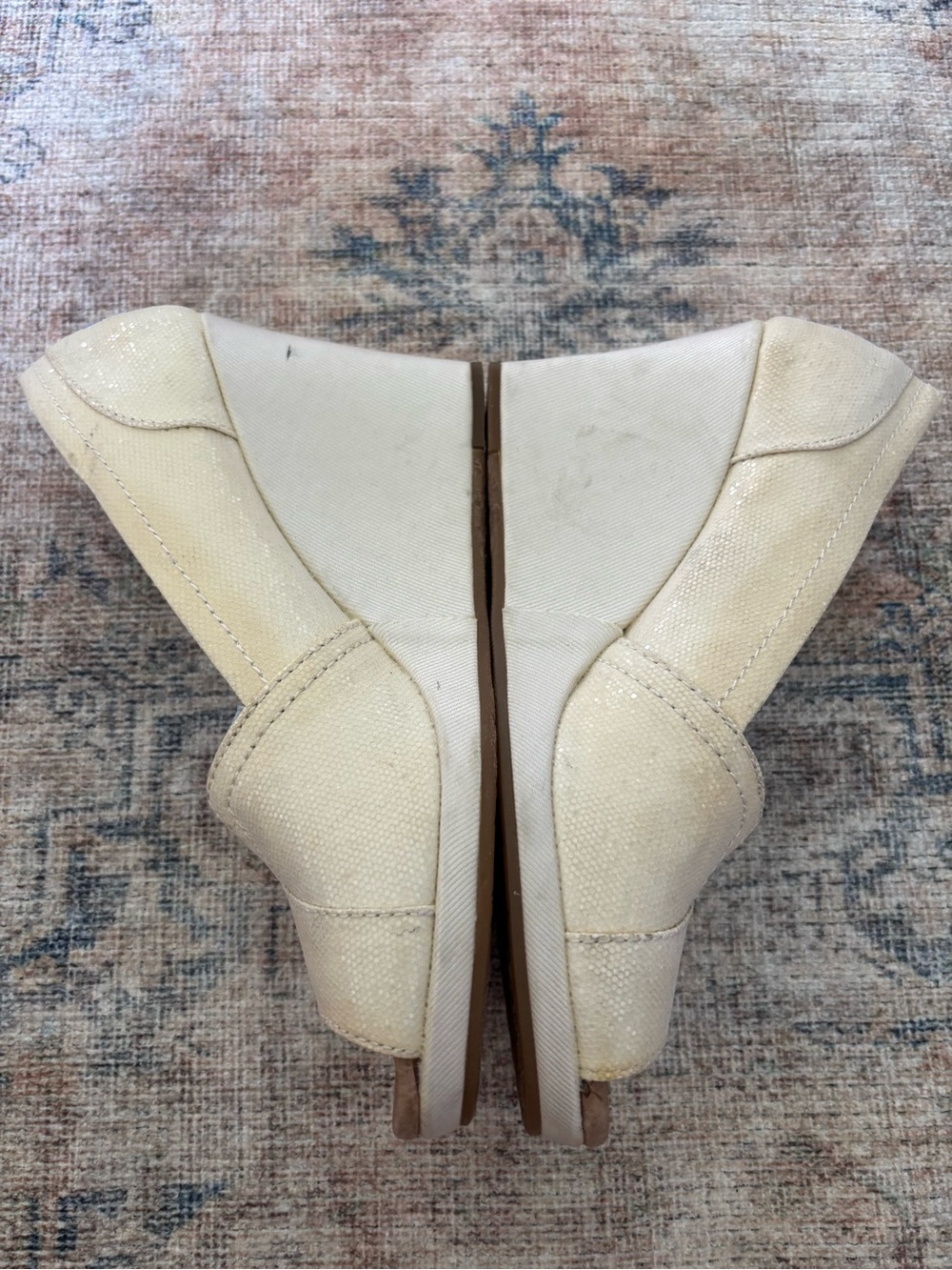 TOMS Women's Cream Glitter Peep-Toe Wedge Shoes - Picture 14 of 16